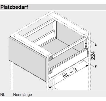 Schubkasten-Bausatz, Tandembox Antaro, Systemhöhe D 224mm mit Reling, mit Korpusschiene 30/65 kg Blumotion